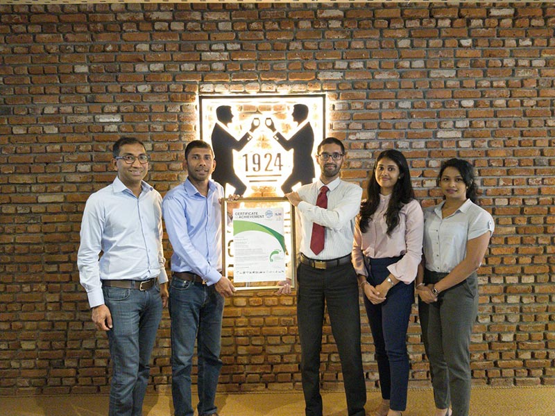 From Left to Right –  Amal De Silva Wijeyeratne - Managing Director/ CEO, Rockland Distilleries; Devinda de Silva Wijeyeratne - Operations Director, Rockland Distilleries; Sajeewa Ranasinghe - Asst. Manager - Sustainability Assurance and Advisory Services, SFG; Hasini Siriwardana - Project Lead - LCA, Carbon & Waste Management, CCC; Ruwanthi Halwala - Asst. Manager - Client Relationship Management, CCC.