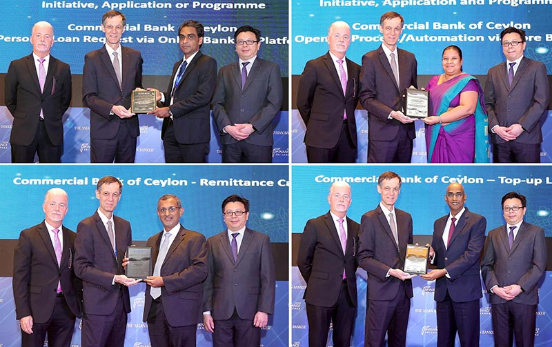 Members of the Commercial Bank team that accepted the awards (clockwise) Mr Upul Perera, Senior Manager Branch Credit Monitoring Dept; Ms Aparna Jagoda, Senior Manager Marketing; Mr Sanath Elpitiya, Chief Manager Retail Products Dept; and Mr Pradeep Banduwansa, Head of the Bank’s Digital Banking Unit.