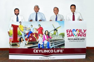 Ceylinco Life Chairman Mr R. Renganathan and  Managing Director Mr Thushara Ranasinghe (2nd and 3rd from left respectively) with the Company’s General Manager – Marketing Mr Samitha Hemachandra (extreme right) and Brand Manager – Marketing Mr Chamath Alwis at the launch of the latest Family Savari promotion.