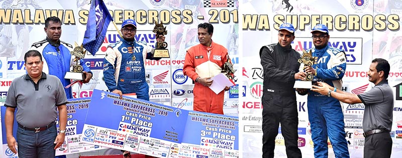 CEAT Racing’s Ushan Perera at the victory podium with Army Commander Lt. Gen. Shavendra Silva (extreme left) and sharing the podium with team mate Malika Kuruwitaarachchi (right) at the 2019 Walawa Supercross.