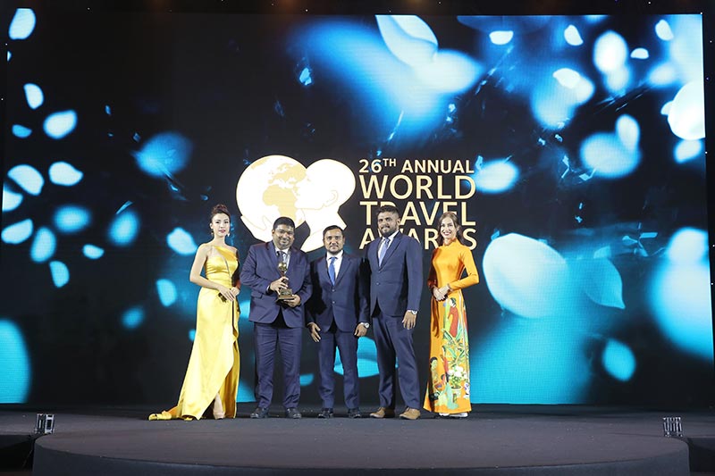 (from Left to Right) Managing Director R.M.M. Kaleel, Director-Sales Mohammed Mumthaz and Director-Operations Mohammed Inthikab of Figo Holidays receiving the ‘Sri Lanka’s Leading Travel Agency 2019’ award in Vietnam
