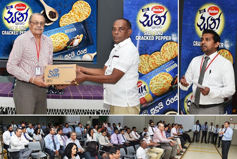 (Top left) Ramya Wickramasingha (left) Chairman, Ceylon Biscuits Limited presents the first consignment of the Munchee new SUN CRACKER Salt & Cracked Pepper to C Kumarage, Munchee Distributor for Homagama. (Top Right) Anuradha Mahesh, Brand Manager for Munchee cracker range at the Event.
