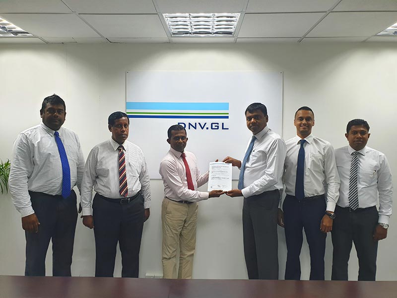 Standing from left to right - Mr. Hamilton Marlon Ebert – Head of Health and Safety, Advantis Projects and Engineering (Pvt) Ltd; Mr. Ujith De Silva – Business Development Manager, DNV.GL Sri Lanka Operations; Mr. Rohitha Wickramasinghe – Senior Auditor, DNV.GL; Mr. Janitha Jayanetti – Group Management Committee, Hayleys Advantis Limited; Mr. Shadil Rizan – Director, Advantis Projects; and Mr. Kamal Wimalaratne – General Manager, Advantis Engineering