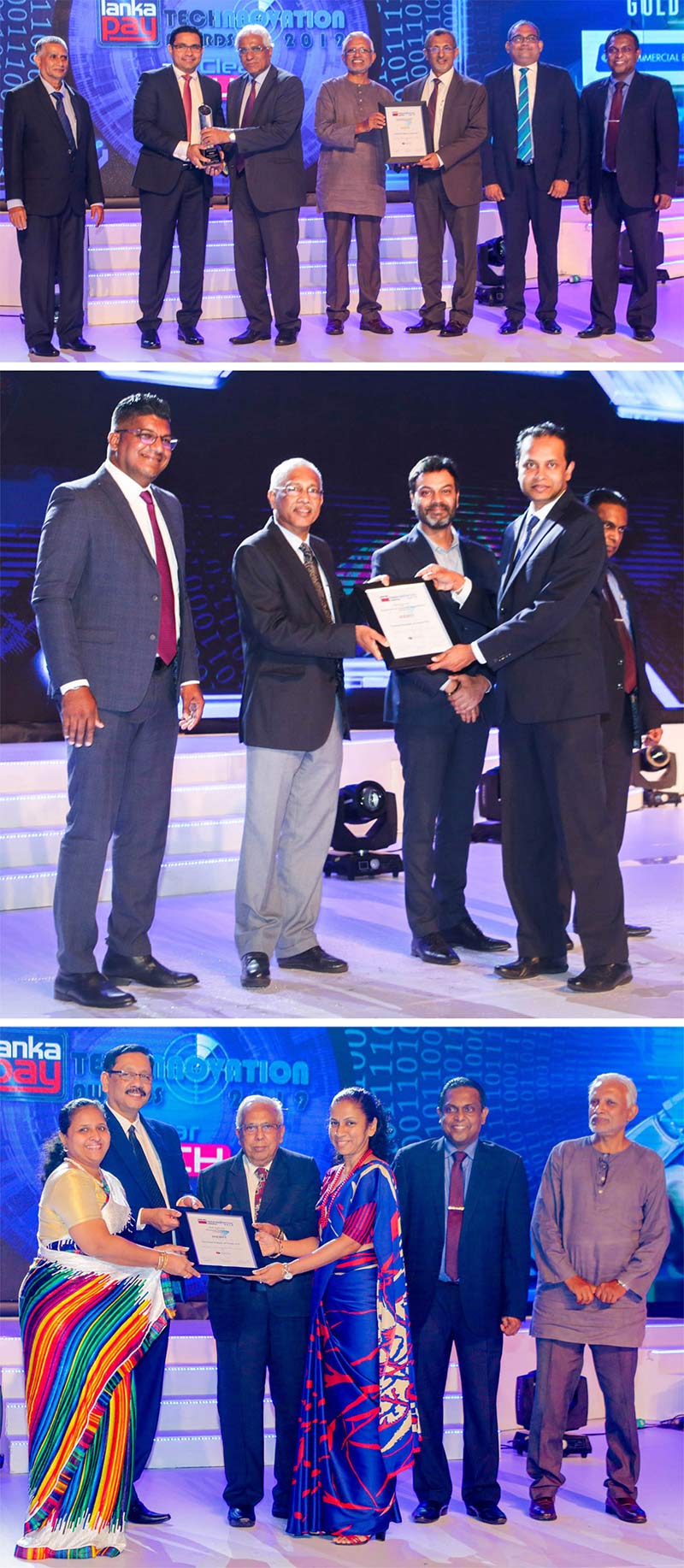 Commercial Bank’s Chief Operating Officer Mr Sanath Manatunge (Top, second left) and representatives of the Bank’s senior management receiving the awards won by the Bank at the LankaPay Technovation Awards.