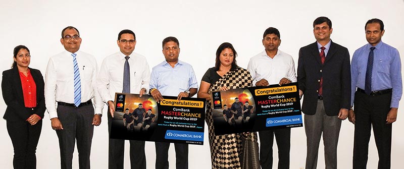 Pictured here are (from left) Ms Sheranga Perera, Senior Specialist – Account Management, Mastercard; Commercial Bank’s DGM – Marketing Mr Hasrath Munasinghe and the Bank’s Chief Operating Officer Mr Sanath Manatunge;  Masterchance promo winners Mr Wasantha Perera and Mrs Anuradha Jayatilake and her spouse  Mr. Jinendra Dias, Mastercard Country Manager – Sri Lanka and Maldives Mr R. B. Santosh Kumar and the Head of Commercial Bank’s Card Centre Mr Thusitha Suraweera.