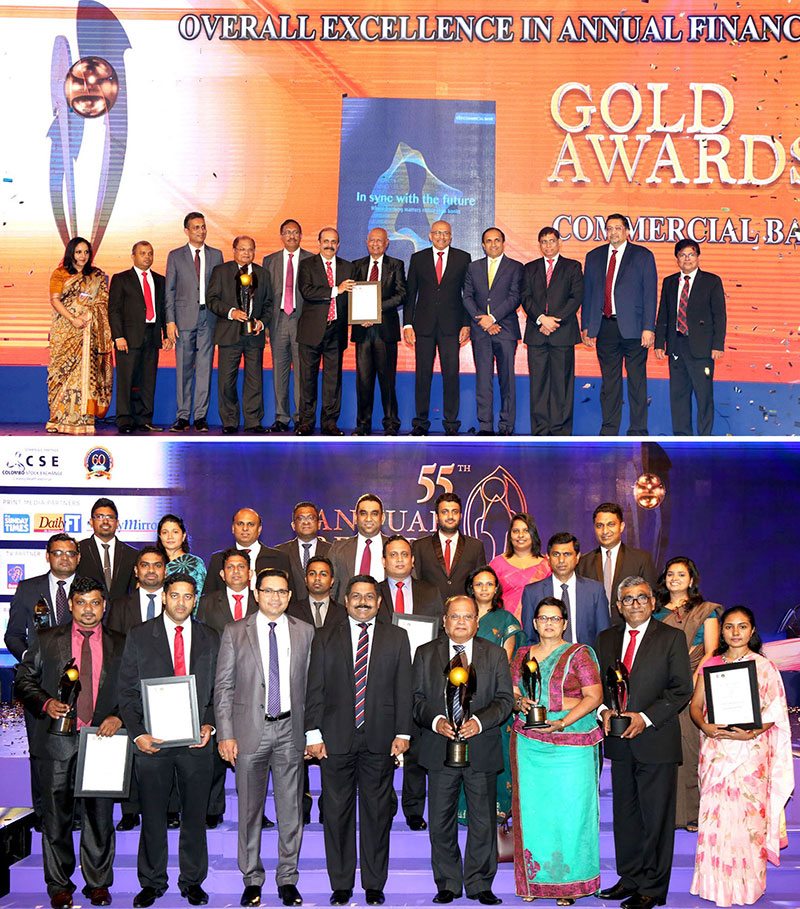 Commercial Bank Chairman Mr Dharma Dheerasinghe, Deputy Chairman Mr Preethi Jayawardena and representatives of the corporate and senior management with the awards presented to the Bank at the CA Sri Lanka Annual Report awards.