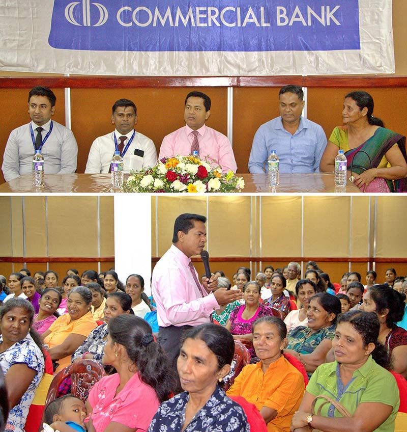 Pictured here are (Top, from left) Executive Officer of Commercial Bank’s Development Credit Department Mr Deshapriya Batagoda, Wellawaya Branch Manager Mr Sanath Wasanthalal, Central Bank’s Senior Assistant Director Mr Rohitha Abeykoon, Head of Vidatha Resource Centre Moneragala Mr Indika Fonseka and Uwa Wellassa Women’s Society President Ms K. P.  Somalatha  at the seminar.