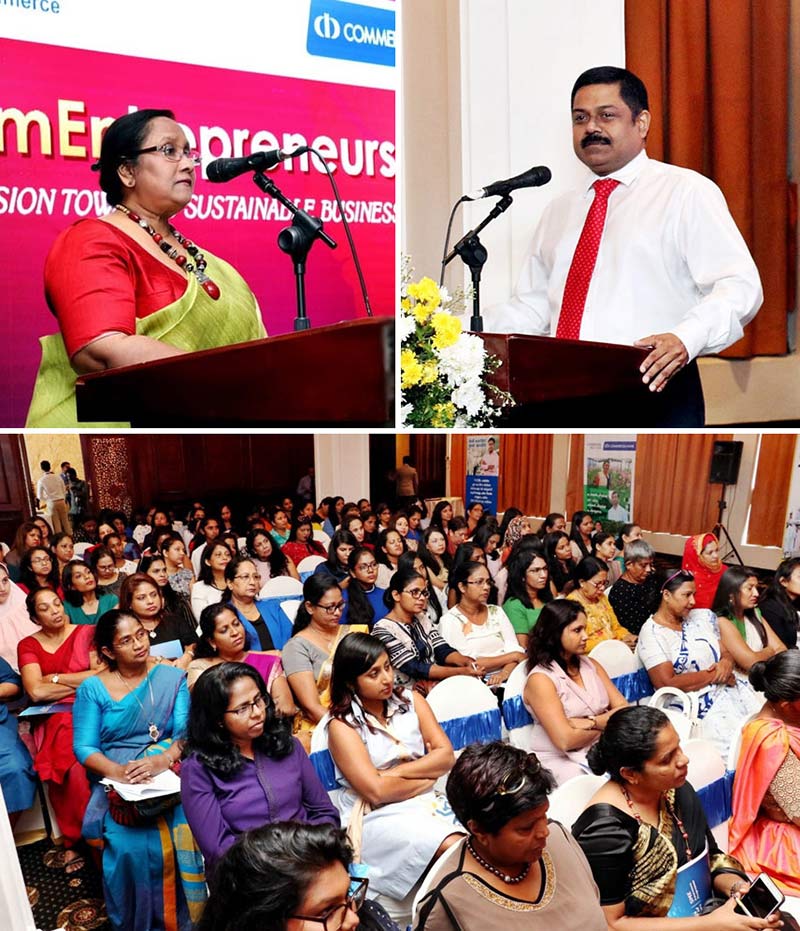 Pictured here are (Top, left and right) Women’s Chamber of Industry & Commerce Chairperson Ms Chathuri Ranasinghe and Commercial Bank Managing Director and CEO Mr S. Renganathan speaking at the ‘WomEntrepreneur’ programme.