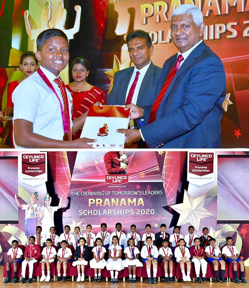 A student receives a Pranama scholarship from Ceylinco Life Chairman Mr R. Renganathan (top, extreme right) and (below) year 5 scholarship winners who received Pranama scholarships this year.