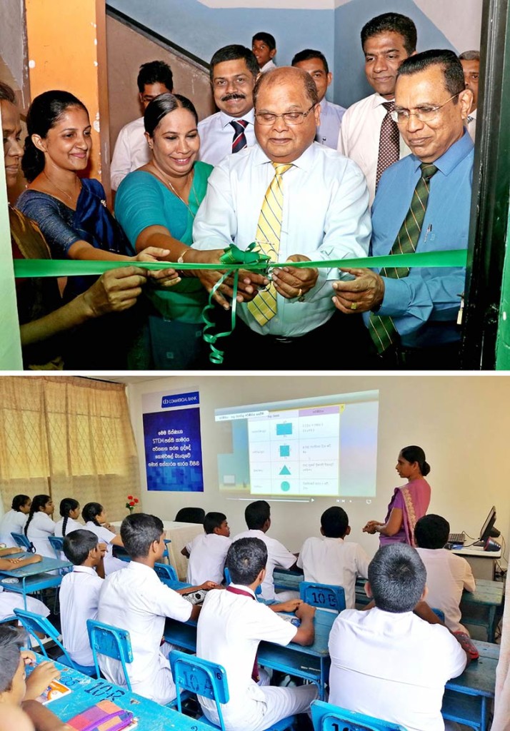 Commercial Bank Chairman Mr Dharma Dheerasinghe (Above, 3rd from right) cuts the ribbon to declare open the first Sipnena Smart STEM Classroom in the presence of (From right) Bank’s Director Mr S. Swarnajothi, Chief  Financial Officer Mr Nandika Buddhipala, Managing Director Mr S. Renganathan and representatives of the two institutions. (Below) A classroom donated by Commercial Bank.