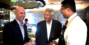 Darren Bott, Emirates Vice President - Catering, Global Food & Beverage (left), Merrill J. Fernando (centre) and his son Dilhan Fernando, CEO of Dilmah Tea, during the tea master class aboard an Emirates A380.