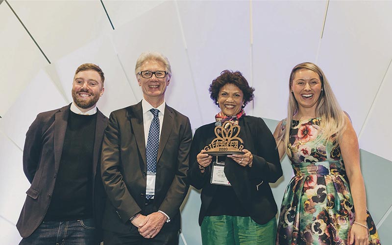 Peter Hawkins, Director Marketing, Tikiri Toys (centre left) and Mano Sheriff, CEO, DSL Lanka (centre right) receives the award for ‘Most Ethical Gift’ at the NEC Spring Fair, UK on behalf of Tikiri Toys