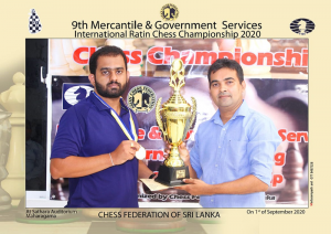 99X Technology Application Security Engineer Pranieth Chandrasekara (left) receiving his trophy from Chess Federation of Sri Lanka Treasurer Irosh Jayasinghe at the 9th Mercantile/Government Service International Rating Chess Championship 2020