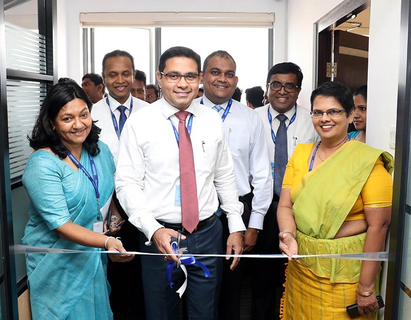 Commercial Bank’s Chief Operating Officer Mr Sanath Manatunge (3rd from left) declares open the Integrated Contact Centre in the presence of the Bank’s (from left) Senior Manager – Contact Centre Mrs Beatrice Starling, Head of Card Centre Mr Thusitha Suraweera, Deputy General Manager – Marketing Mr Hasrath Munasinghe, Deputy General Manager – Human Resource Management Mr Isuru Tillakawardana, Deputy General Manager – Personal Banking  Ms Sandra Walgama. 