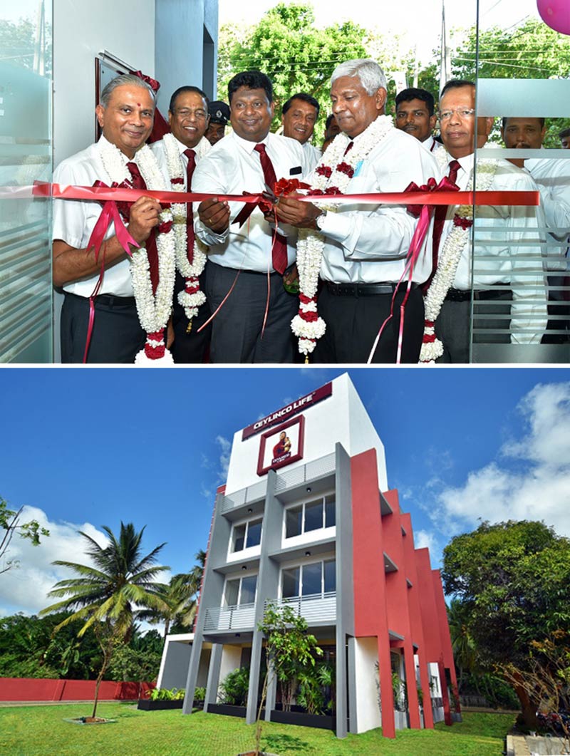 Ceylinco Life Chairman Mr R. Renganathan and Managing Director Mr Thushara Ranasinghe (top, second from right and extreme left) at the opening of the new Green branch in Nelliady (below). 