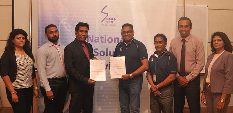 Participants at the agreement signing, from left to right include: from Land Maark Engineering Ms. Sridhukshika Srimanoharan (Project Engineer), Mr. Vettivel Vaheeswaran (Project Coordinator), Mr. Thanikasalampillai Nanthanan (Chairman / Managing Director). From SLT – Mr Kiththi Perera (CEO), Mr Imantha Wijekoon (Chief Sales and Regional Officer), Mr Chethana Attanayake (General Manager), Ms Chithra Kumari  (Senior Executive Assistant Manager).