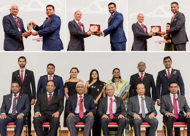 (Above, from left) Ceylinco Life Chairman Mr R. Renganathan presents the award to Mr Mathanraj Sivalingam, while the Company’s Managing Director Mr Thushara Ranasinghe presents awards to Messrs Chulaka Kumarasinghe and Gayan Lakmal Alwis respectively and (Below) The new Executive Committee of Ceylinco Life’s Toastmasters Club, with the Company’s senior management