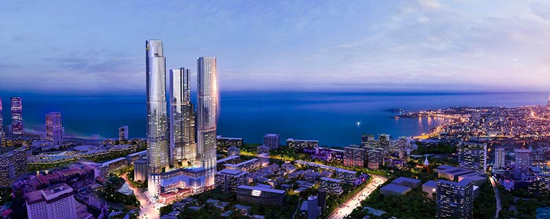 Aerial-View-of-THE-ONE-with-the-Ritz-Carlton-Residence-Colombo,-JW-Marriott-and-The-One-towers