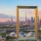 Aerial-view-of-Dubai-Frame-at-sunset