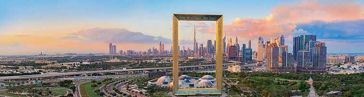 Aerial-view-of-Dubai-Frame-at-sunset